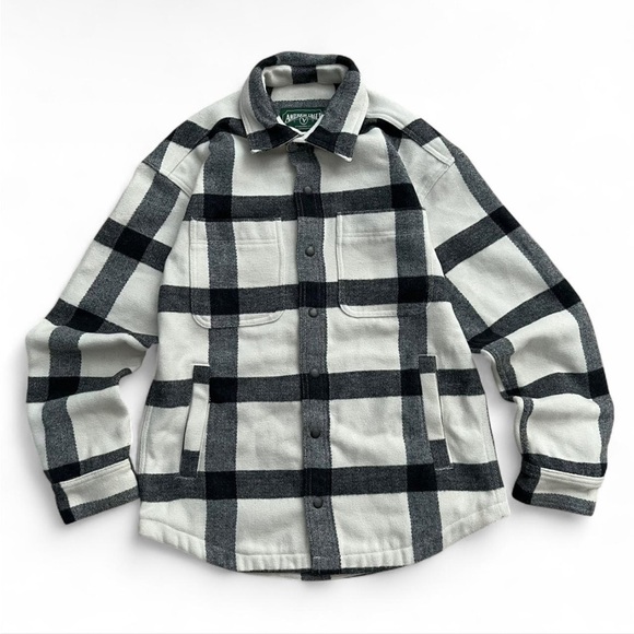 American Eagle Outfitters Jackets & Blazers - American Eagle Plaid Flannel Shacket Jacket S Gray Black White Snap Front Women